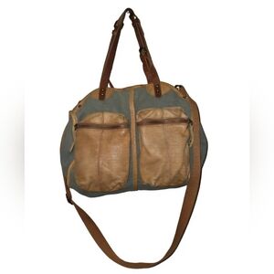 Anthropologie Schuler & Sons Hobo Crossbody Green Cotton Canvas Tan Leather Bag